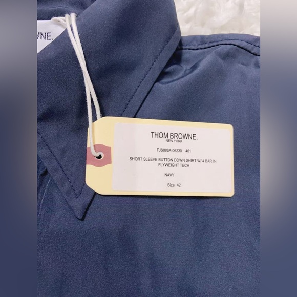 NWT Thom Browne Navy 4-Bar Flyweight Tech Short Sleeve Button Down Shirt - Picture 7 of 13